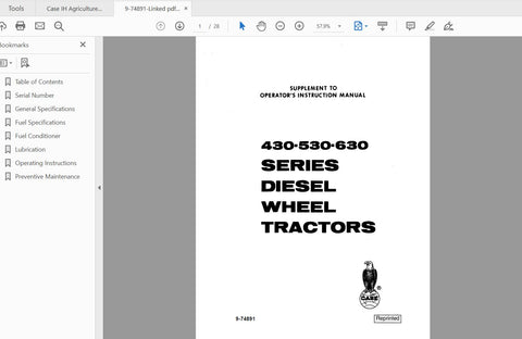 CASE IH TRACTOR 430, 530, 630 SERIES DIESEL WHEEL TRACTOR SUPPLEMENT OPERATOR’S MANUAL 9-74891 - PDF FILE