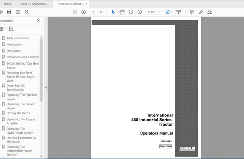 CASE IH TRACTOR 460 SERIES INDUSTRIAL TRACTOR INTERNATIONAL OPERATOR’S MANUAL 1014204R3 - PDF FILE