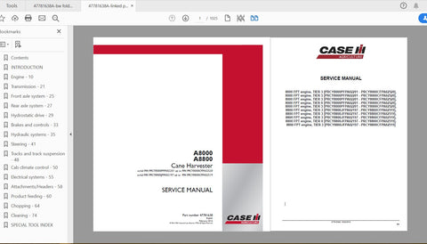 CASE IH TRACTOR A8000, A8800 CANE HARVESTER SERVICE MANUAL 47781638 - PDF FILE