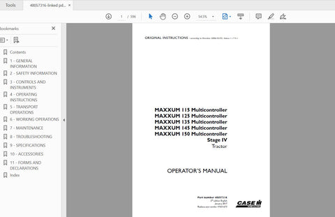 CASE IH TRACTOR MAXXUM 115,125,135,145,150 MULTICONTROLLER STAGE IV 48057316 OPERATOR’S MANUAL - PDF FILE