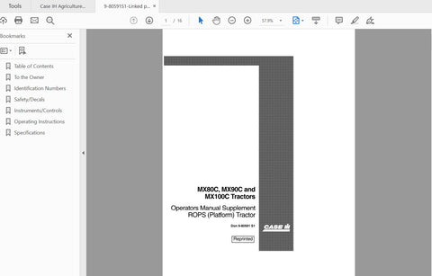 CASE IH TRACTOR MX80C,MX90,MX100C TRACTOR SUPPLEMENT 9-80591S1 OPERATOR’S MANUAL - PDF FILE