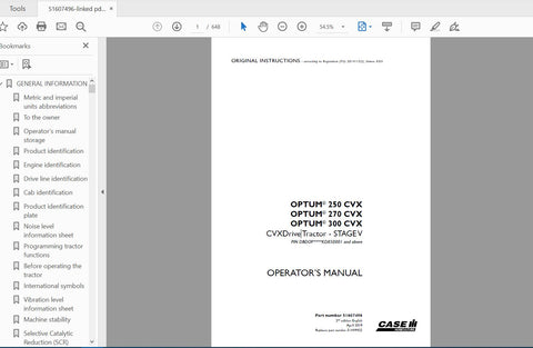 CASE IH TRACTOR OPTUM 250,270,300 CVX CVXDRIVE STAGE V 51607496 OPERATOR’S MANUAL - PDF FILE