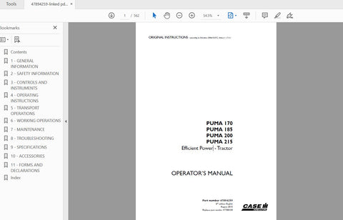 CASE IH TRACTOR PUMA 170,185,200,215 EFFICIENT POWER 47894259 OPERATOR’S MANUAL - PDF FILE