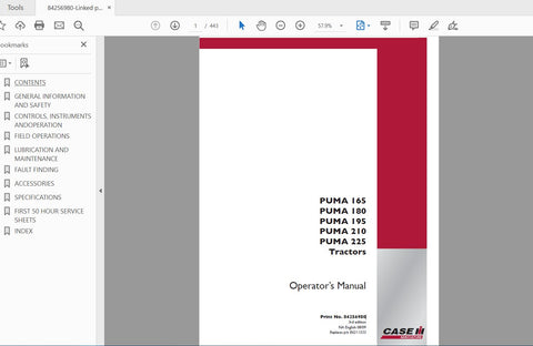 CASE IH TRACTOR PUMA 165,180,195,210,225 84256980 OPERATOR’S MANUAL - PDF FILE