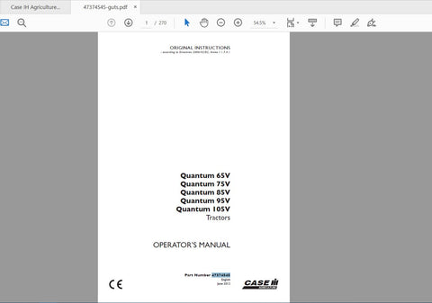 CASE IH TRACTOR QUANTUM 75V 85V 95V 105V 47374545 OPERATOR’S MANUAL - PDF FILE