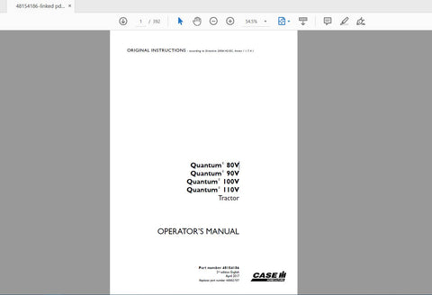 CASE IH TRACTOR QUANTUM 80V,90V,100V,110V 48154186 OPERATOR’S MANUAL - PDF FILE