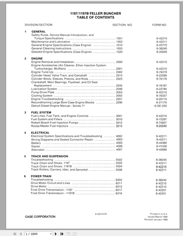 CASE TRACTOR FELLER BUNCHER 1187, 1187B SERVICE MANUAL 8-42211R0 - PDF FILE
