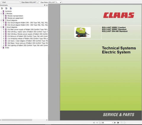 CLAAS BALERS ROLLANT 354-340 355RC STANDARD, 355RC COMFORT ELECTRIC & HYDRAULIC SYSTEM MANUAL - PDF FILE