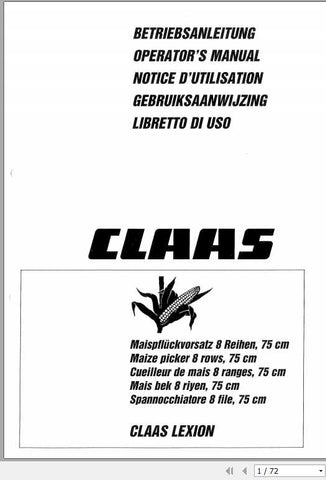 CLAAS MAIZE PICKER 8 ROWS, 75 CM OPERATOR’S MANUAL - PDF FILE