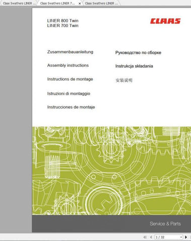 CLAAS SWATHERS LINER 700 TWIN 800 TWIN ASSEMBLY INSTRUCTION MANUAL - PDF FILE
