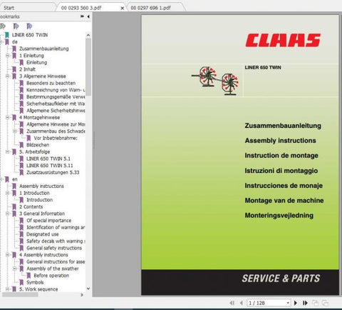 CLAAS SWATHERS LINER 650 TWIN ASSEMBLY INSTRUCTION MANUAL - PDF FILE