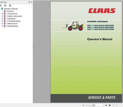 CLAAS TELEHANDLERS SCORPION – AUSTRALIA 7045, 7040, 7030 OPERATOR’S MANUAL - PDF FILE