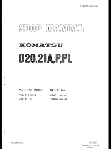 Komatsu D20, D21A, P, PL Dozer Bulldozer Service Repair Manual SN 45001, 45003 - PDF File Download
