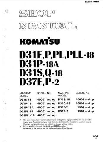 Download PDF For Komatsu D31P-18, D31P-18, D31P-18A, D31PL-18, D31PLL-18, D31S-18, D31Q-18, D37E-2, D37P-2 Bull Dozer Shop Service Repair Manual S/N 40001-UP