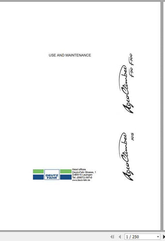 Enhance your DEUTZ-FAHR AGROCLIMBER 105, F90, or F100 tractor experience with our comprehensive Use and Maintenance Manual, available in a convenient PDF format. This essential guide is designed to help you maximize the performance and longevity of your tractor, ensuring you get the most out of your investment.
