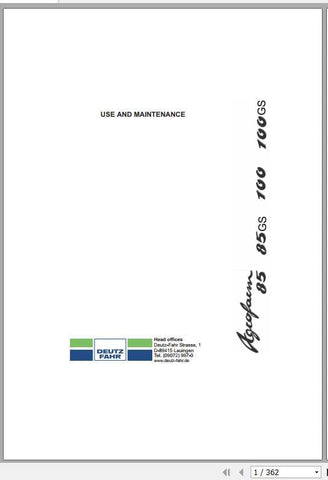 Unlock the full potential of your DEUTZ-FAHR tractor with the comprehensive Use & Maintenance Manual for models 85, 85GS, 100, and 100GS. This PDF file is an essential resource for 
