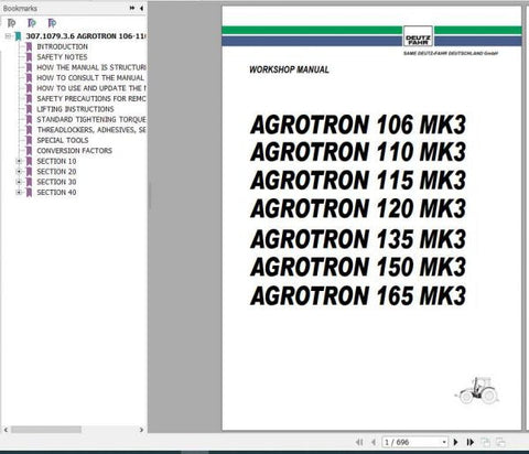 Unlock the full potential of your DEUTZ-FAHR Agrotron tractor with our comprehensive Workshop Manual, available in a convenient PDF format. This manual covers models 106, 110, 115, 120, 135, 150, and 165 MK3, providing you with detailed insights and step-by-step instructions