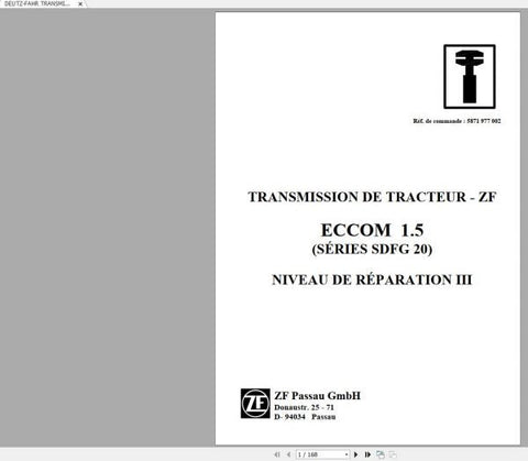 Unlock the full potential of your DEUTZ-FAHR machinery with the comprehensive ZF ECCOM 1.5 (SDFG 20) Workshop Manual. This PDF file is an essential resource for technicians and DIY enthusiasts alike, providing detailed insights into the transmission