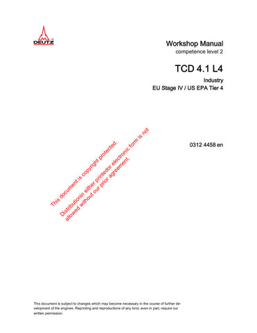 Unlock the full potential of your DEUTZ TCD 4.1 L4 engine with the comprehensive Workshop Manual (03124458) designed for EU Stage IV and US EPA Tier 4 compliance. This PDF file is an essential resource for technicians and DIY enthusiasts alike, providing detailed insights into maintenance, troubleshooting, and repair procedures. With clear diagrams and step-by-step instructions, you can ensure optimal performance and longevity of your engine, making it a must-have for anyone looking to keep their machinery 
