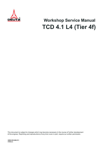 Discover the DEUTZ TCD 4.1 L4 (TIER 4F) Service Manual X990.005.086.011, a comprehensive PDF guide designed for efficient maintenance and troubleshooting of your engine. This manual provides detailed diagrams, specifications, and step-by-step instructions to ensure optimal performance and longevity of your equipment. With easy navigation and clear illustrations, you can quickly find the information you need to keep your engine running smoothly. Invest in this essential resource to enhance your operational 