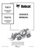 Front cover of a Bobcat T3571 service manual, showing the Bobcat logo, model text, and a black-and-white line drawing of a compact loader vehicle.