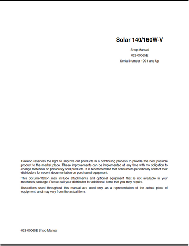 Daewoo Doosan Solar 140W-V, 160W-V Wheel Excavator Service Repair Manual