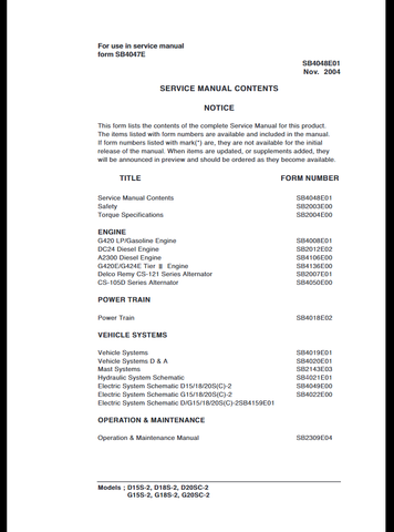 Doosan D15S-2, D18S-2, D20SC-2, G15S-2, G18S-2, G20SC-2 Lift Truck Workshop Service Repair Manual - PDF File