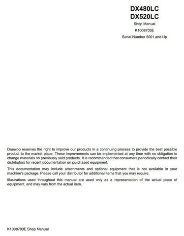 Doosan DX480LC, DX520LC Crawler Excavator Workshop Service Repair Manual (SN. from 5001) - Manual labs