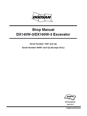 Doosan DX140W-3 DX160W-3 Wheel Excavator Shop Manual SN: From 5001