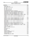 A black-and-white table of contents page from a Hyster operator manual, listing chapter and section titles such as audible alarm, chassis, cab, and power transmissions with page numbers.