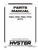 A white parts manual cover with black text reading 'PARTS MANUAL' and 'H40A, H50A, H60A, H70A (R177)', plus 'CUSTOMER EDITION' and the Hyster logo at the bottom.