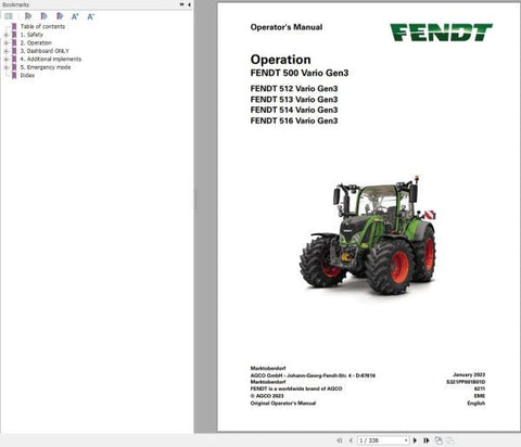 Unlock the full potential of your FENDT 500 VARIO GEN3 with the comprehensive Operator’s Manual (PDF file) tailored for VINs 439, 440, 441, and 442. This essential guide provides detailed instructions, maintenance tips, and operational insights to ensure optimal performance and longevity of your tractor. Whether you're a seasoned operator or new to the FENDT family, this manual is your go-to resource for maximizing efficiency and productivity in the field. Don't miss out on the opportunity to enhance your f