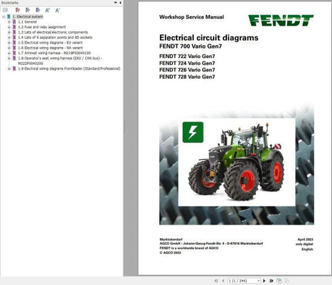 Unlock the full potential of your FENDT 700 VARIO GEN7 with our comprehensive Electrical Circuit Diagrams Manual (VIN 706, 707, 708, 709). This PDF file provides detailed schematics and wiring diagrams, ensuring you have the essential information at your fingertips for efficient troubleshooting and maintenance. Enhance your operational efficiency and keep your machinery running smoothly with this invaluable resource, designed specifically for FENDT models. Don't miss out on the opportunity to streamline you
