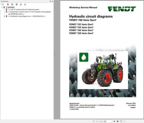 Unlock the full potential of your Fendt 700 Vario Gen7 with our comprehensive Hydraulic Circuit Diagrams Manual (VIN 706, 707, 708, 709). This PDF file provides detailed schematics and insights, ensuring you have the necessary information to maintain and troubleshoot your hydraulic systems effectively. Enhance your operational efficiency and reduce downtime with this essential resource, designed for both seasoned professionals and DIY enthusiasts. Don't miss out on the opportunity to keep your machinery run