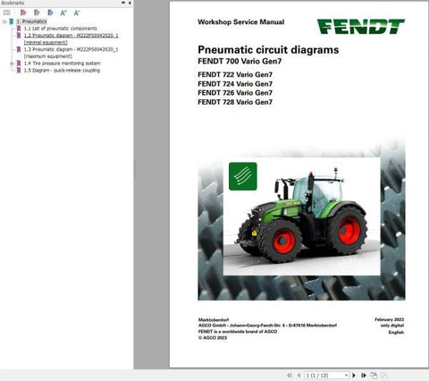 Unlock the full potential of your FENDT 700 VARIO GEN7 with the comprehensive Pneumatic Circuit Diagrams Manual (VIN 706, 707, 708, 709). This PDF file provides detailed schematics and insights, ensuring you have the essential information at your fingertips for efficient maintenance and troubleshooting. Enhance your operational efficiency and keep your machinery running smoothly with this invaluable resource, designed specifically for your FENDT model. Don't miss out on the opportunity to streamline your wo