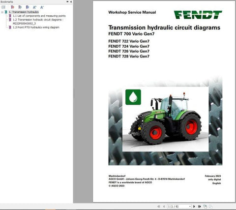 Unlock the full potential of your FENDT 700 VARIO GEN7 with the comprehensive Transmission Hydraulic Circuit Diagrams Manual (VIN 706, 707, 708, 709). This PDF file provides detailed schematics and insights, ensuring you have the essential information at your fingertips for efficient maintenance and troubleshooting. Enhance your operational efficiency and keep your machinery running smoothly with this invaluable resource, designed specifically for your model. Don't miss out on the opportunity to optimize yo