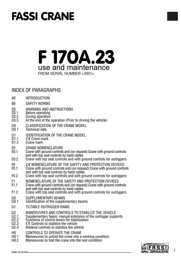 Fassi Cranes F170A.23 3001 Use and Maintenance Manual PDF
