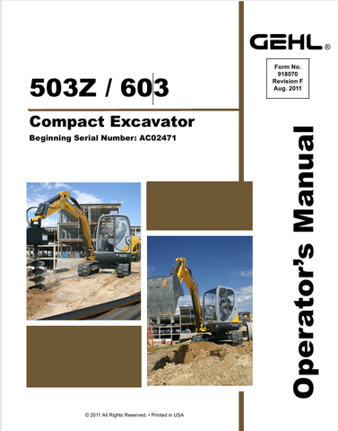 GEHL 503Z, 603 CRAWLER EXCAVATOR (918070F) OPERATOR MANUAL - PDF FILE