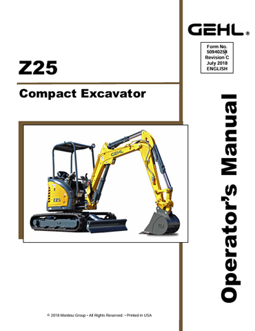 GEHL Z25 CRAWLER EXCAVATOR (50940254C) OPERATOR MANUAL PDF DOWNLOAD