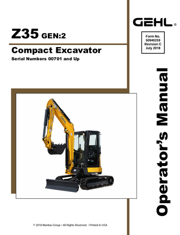 GEHL Z35 CRAWLER EXCAVATOR (50940259C) OPERATOR MANUAL - PDF FILE