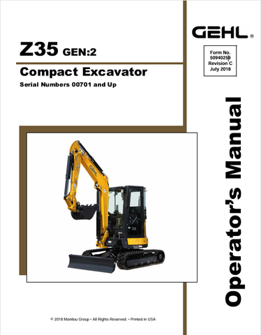 GEHL Z35 CRAWLER EXCAVATOR (50940259C) OPERATOR MANUAL PDF DOWNLOAD