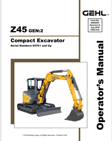 GEHL Z45 CRAWLER EXCAVATOR (50940407B) OPERATOR MANUAL - PDF FILE