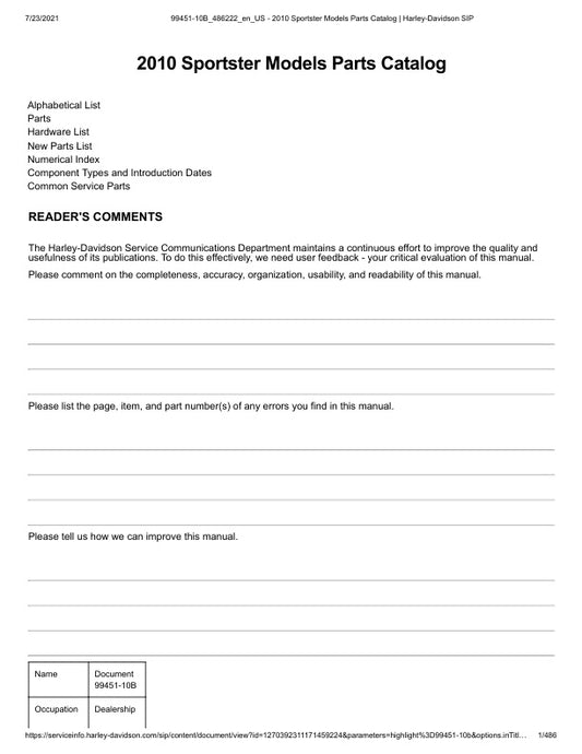 Unlock the full potential of your 2010 Harley-Davidson Sportster with the comprehensive Parts Catalog Manual (99451-10B) in PDF format. This essential resource provides detailed diagrams, part numbers, and specifications, making it easier than ever to find the right components for your bike. Whether you're a seasoned mechanic or a DIY enthusiast, this manual will streamline your repair and maintenance tasks, ensuring your Sportster runs smoothly and efficiently. Don't miss out on the opportunity to enhance 
