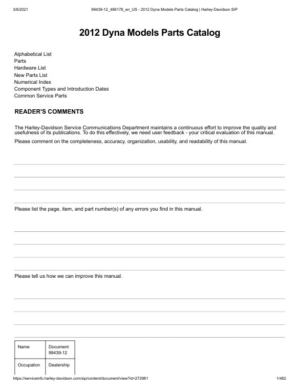 Unlock the full potential of your Harley-Davidson with the 2012 Dyna Parts Catalog Manual (99439-12) in PDF format. This comprehensive guide provides detailed diagrams, part numbers, and specifications, making it an essential resource for both DIY enthusiasts and professional mechanics. With easy navigation and a user-friendly layout, you can quickly find the parts you need to keep your ride in top condition. Elevate your maintenance game and ensure your Dyna performs at its best with this indispensable man