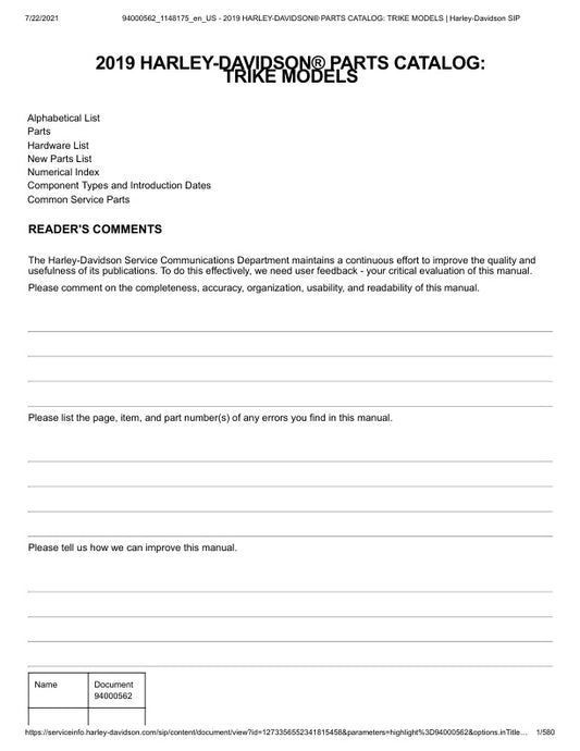Unlock the full potential of your 2019 Harley-Davidson Trike with the comprehensive Parts Catalog Manual (94000562) in PDF format. This essential resource provides detailed diagrams and specifications for every component, ensuring you have the right parts at your fingertips for maintenance and upgrades. Whether you're a seasoned mechanic or a passionate DIY enthusiast, this manual simplifies the repair process, saving you time and money while keeping your ride in peak condition. Don't miss out on the opport