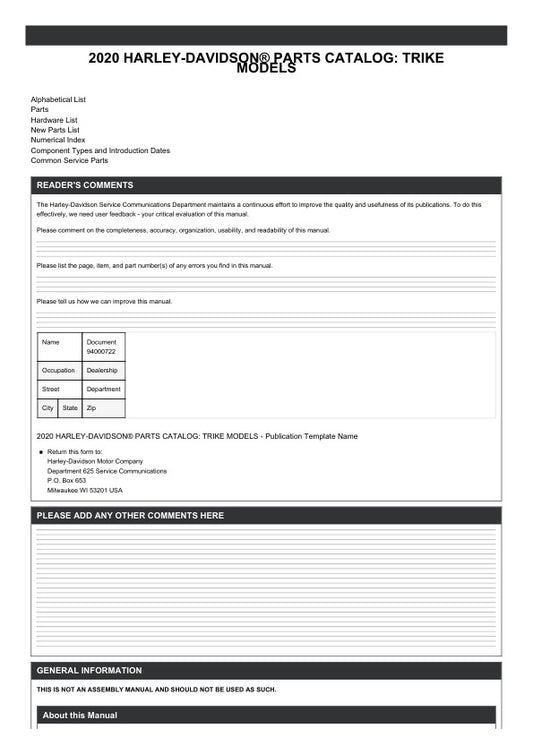 Unlock the full potential of your Harley-Davidson with the 2020 Trike Parts Catalog Manual (94000722) in PDF format. This comprehensive guide provides detailed information on all available parts, ensuring you can easily find the right components for your ride. Whether you're looking to upgrade, replace, or customize, this manual is an essential resource for any Harley enthusiast. With its user-friendly layout and clear illustrations, you'll navigate through the catalog with ease, making your next project a 