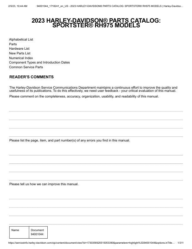 Unlock the full potential of your 2023 Harley-Davidson Sportster RH975 with the comprehensive Parts Catalog Manual (94001044) in PDF format. This essential guide provides detailed diagrams and specifications for every component, ensuring you have the information needed for maintenance, repairs, and upgrades. Whether you're a seasoned mechanic or a DIY enthusiast, this manual is your go-to resource for keeping your bike in peak condition. Don't miss out on the opportunity to enhance your riding experience