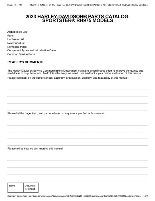 Unlock the full potential of your 2023 Harley-Davidson Sportster RH975 with the comprehensive Parts Catalog Manual (94001044) in PDF format. This essential guide provides detailed diagrams and specifications for every component, ensuring you have the information needed for maintenance, repairs, and upgrades. Whether you're a seasoned mechanic or a DIY enthusiast, this manual is your go-to resource for keeping your bike in peak condition. Don't miss out on the opportunity to enhance your riding experience