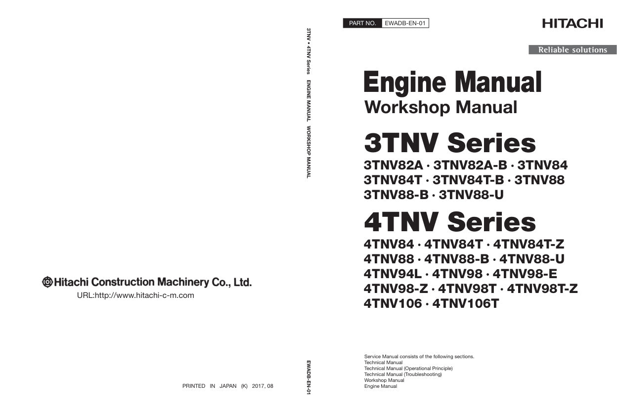 Unlock the full potential of your HITACHI 3TNV/4TNV series engine with the comprehensive service manual EWADB-EN-01, available in a convenient PDF format. This essential guide provides detailed insights into maintenance, troubleshooting, and repair procedures, ensuring your engine operates at peak performance. With easy navigation and clear illustrations, this manual is an invaluable resource for both professionals and DIY enthusiasts looking to enhance their engine knowledge and efficiency. Don't miss the 