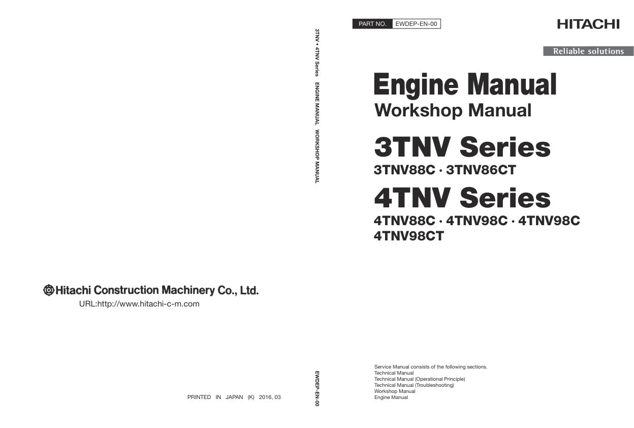 Unlock the full potential of your HITACHI 3TNV and 4TNV series engines with the comprehensive service manual EWDEP-EN-00, available in a convenient PDF format. This essential guide provides detailed insights into maintenance, troubleshooting, and repair procedures, ensuring your engine operates at peak performance. With clear illustrations and step-by-step instructions, you'll save time and reduce costs by tackling repairs with confidence. Perfect for both professionals and DIY enthusiasts, this manual is y